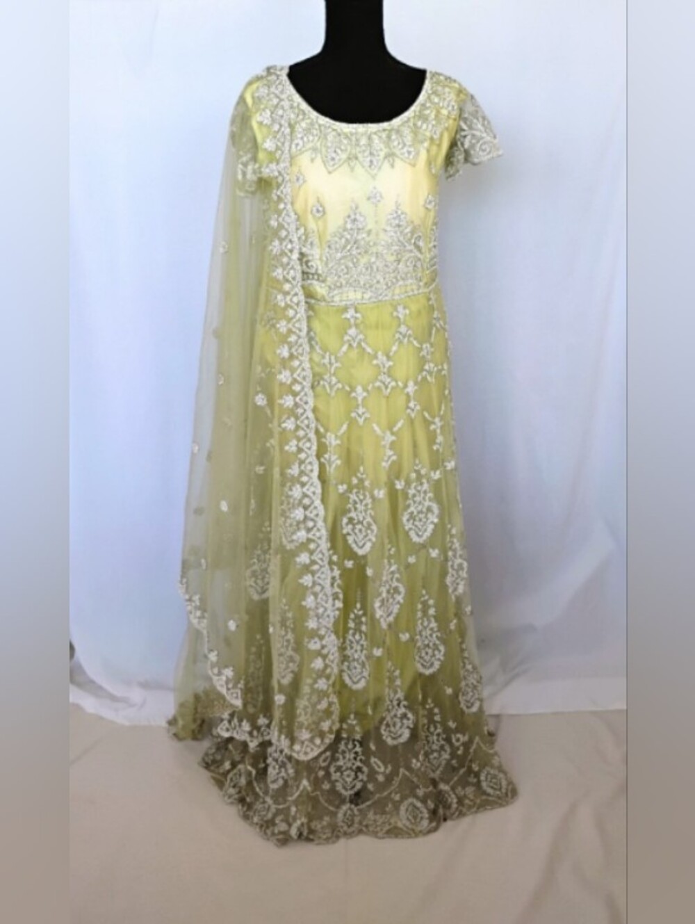 Green Net beads work Anarkali Gown With Dupatta